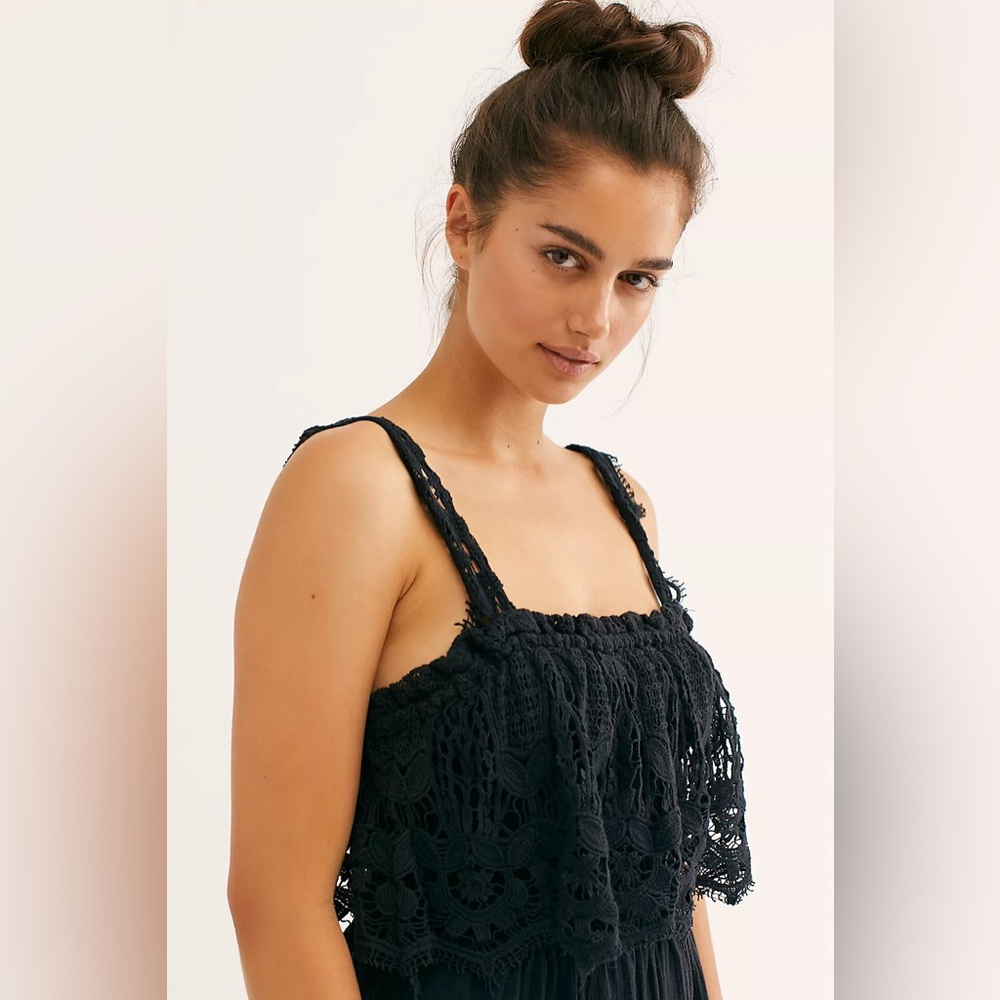Free People In Your Dreams Crochet Flowy Boho Jumpsuit Oversized Size Small - Picture 4 of 12